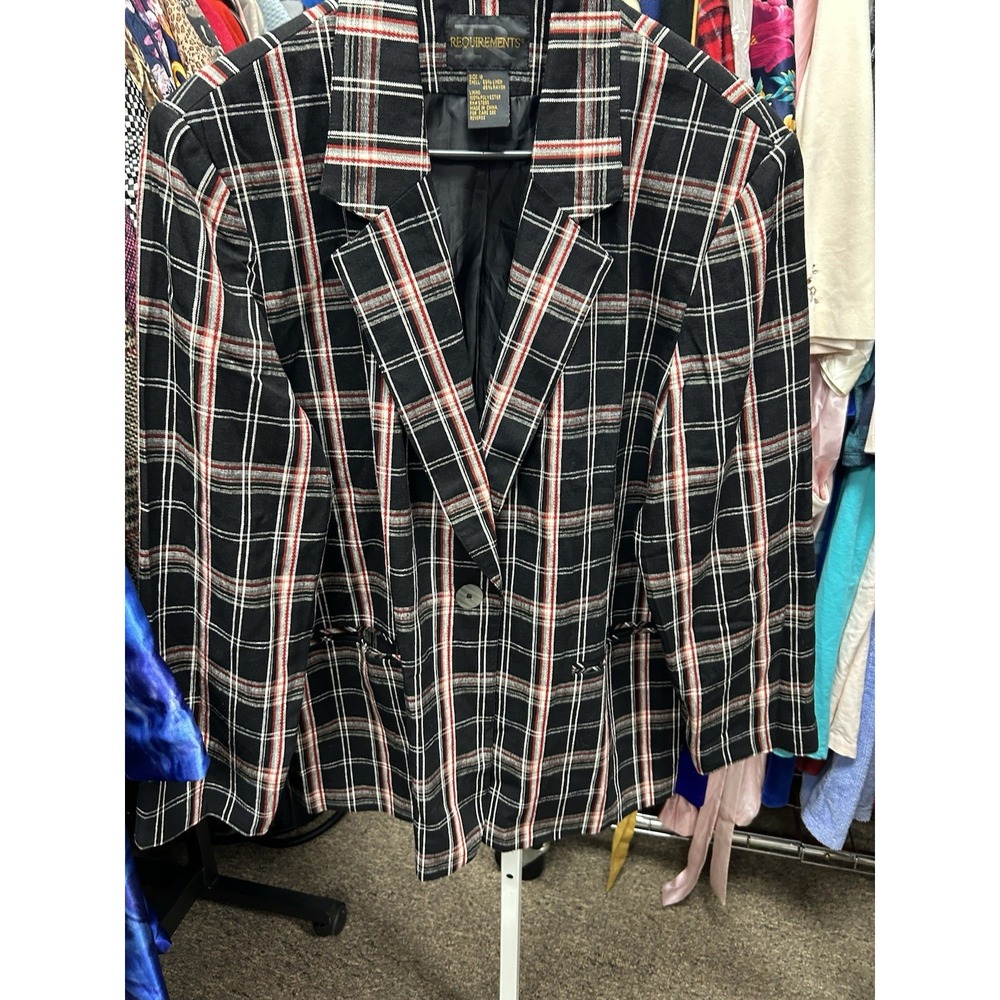 Requirements Vintage Women's Blazer Jacket Size 18 Black Red Plaid Linen Blend